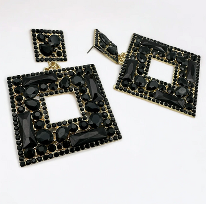 Black Crystal Geometric Statement Earrings – Oversized Rhinestone Drops