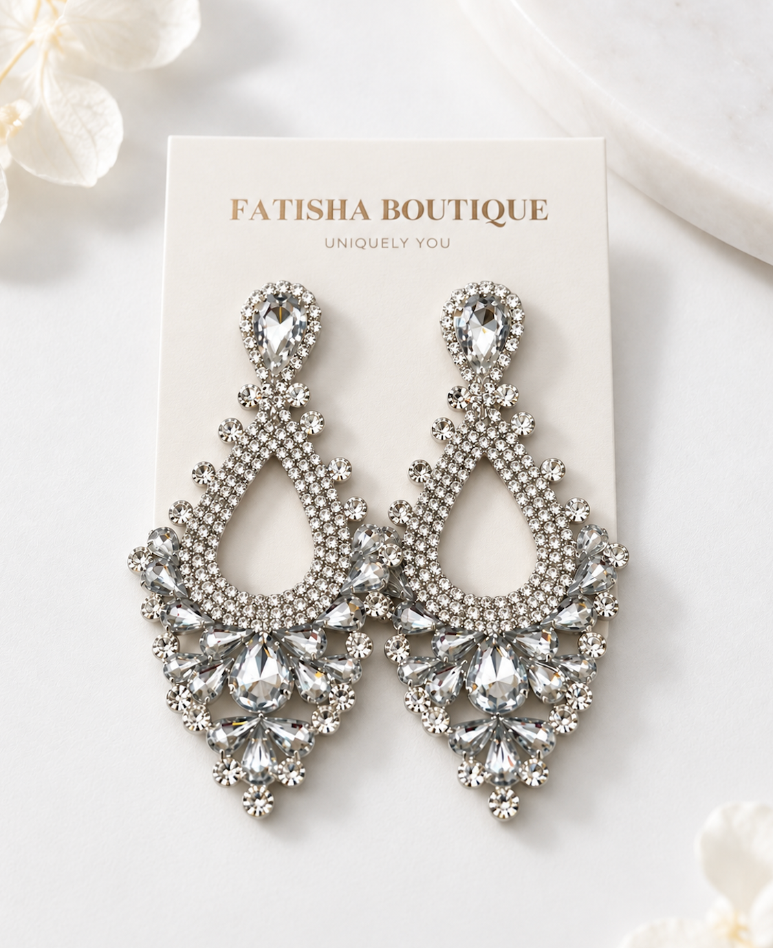 White Rhinestone Teardrop Statement Chandelier Earrings Fatisha Boutique