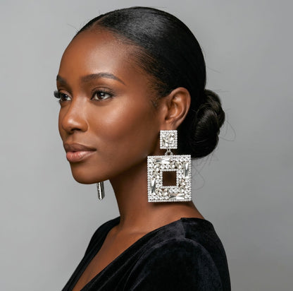 Silver Crystal Oversized Square Rhinestone Earrings