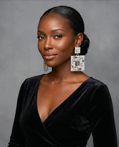Silver Crystal Oversized Square Rhinestone Earrings