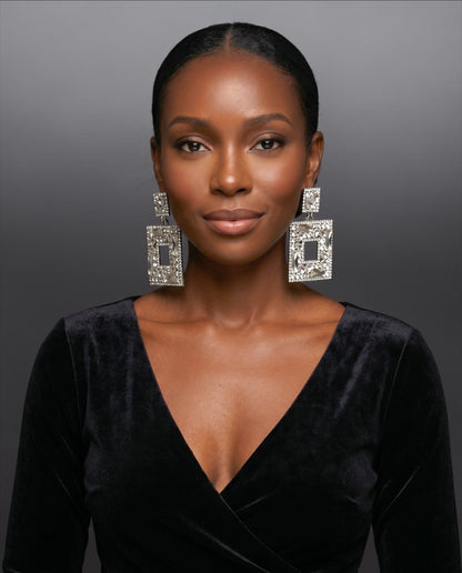 Silver Crystal Oversized Square Rhinestone Earrings