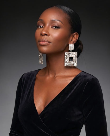 Silver Crystal Oversized Square Rhinestone Earrings