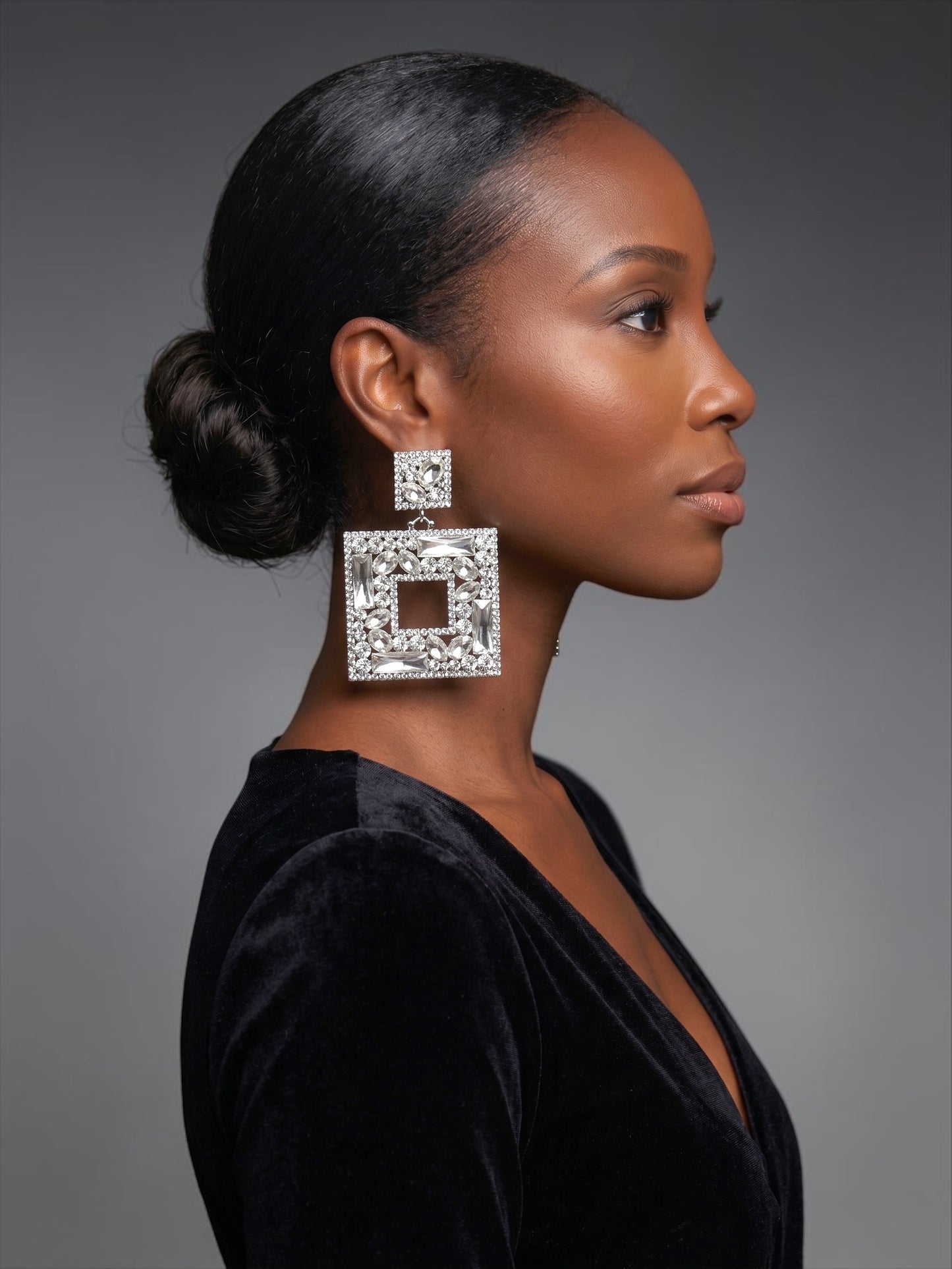 Silver Crystal Oversized Square Rhinestone Earrings