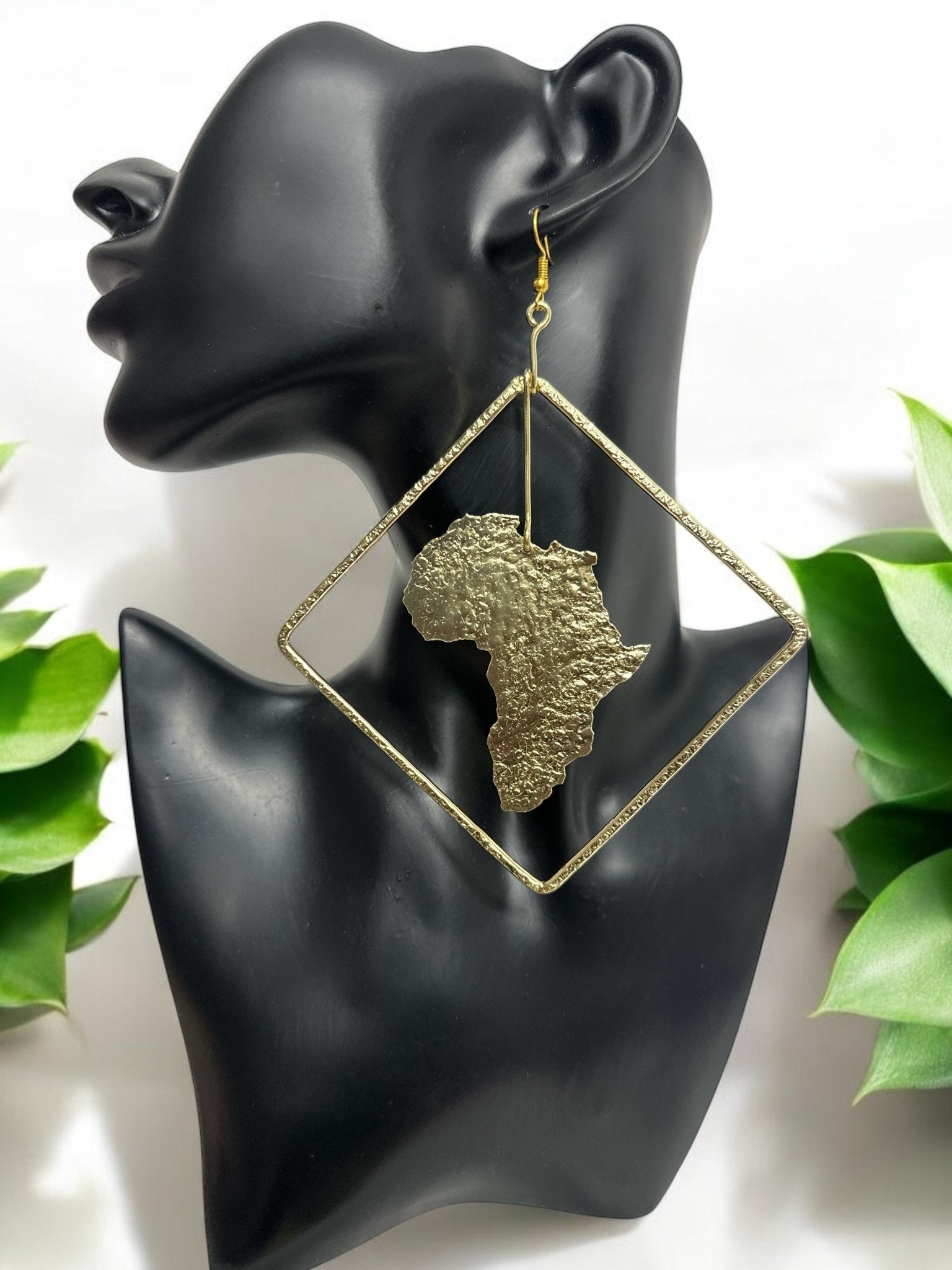 Africa Map Brass Earrings with Diamond Frame - Afrocentric Statement Jewellery - Fatisha Boutique