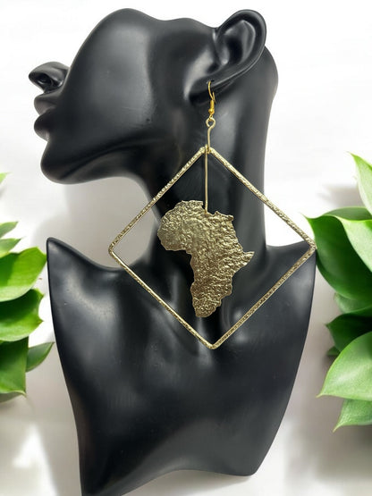 Africa Map Brass Earrings with Diamond Frame - Afrocentric Statement Jewellery - Fatisha Boutique