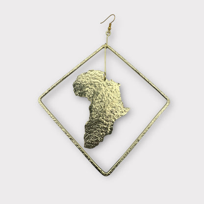 Africa Map Brass Earrings with Diamond Frame - Afrocentric Statement Jewellery - Fatisha Boutique