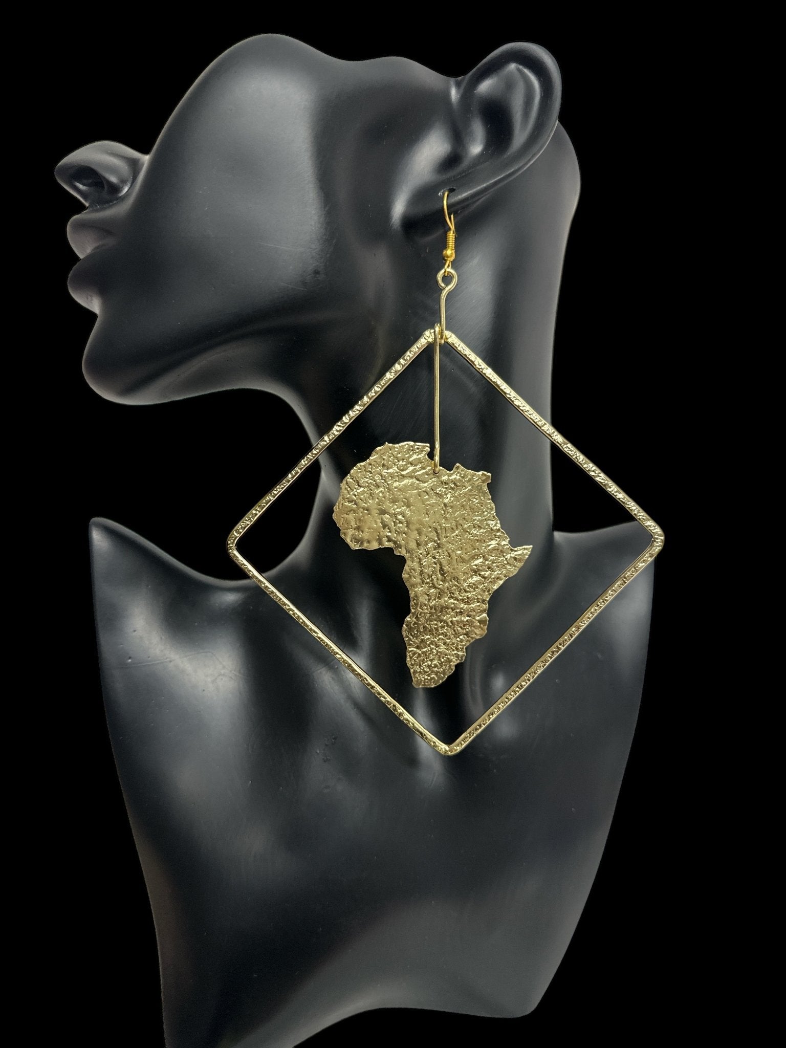 Africa Map Brass Earrings with Diamond Frame - Afrocentric Statement Jewellery - Fatisha Boutique