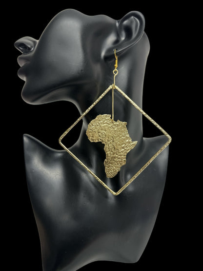 Africa Map Brass Earrings with Diamond Frame - Afrocentric Statement Jewellery - Fatisha Boutique