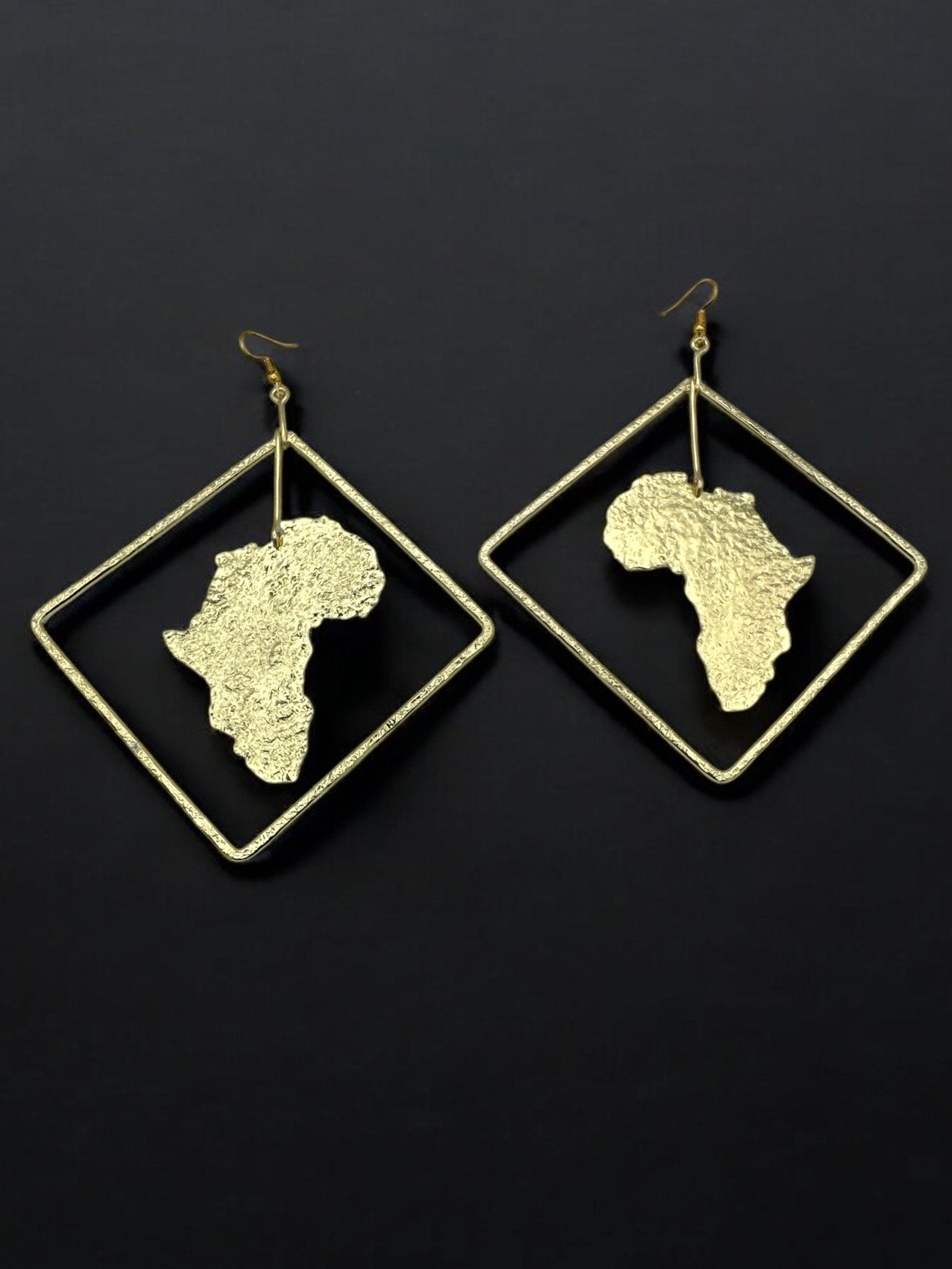 Africa Map Brass Earrings with Diamond Frame - Afrocentric Statement Jewellery - Fatisha Boutique