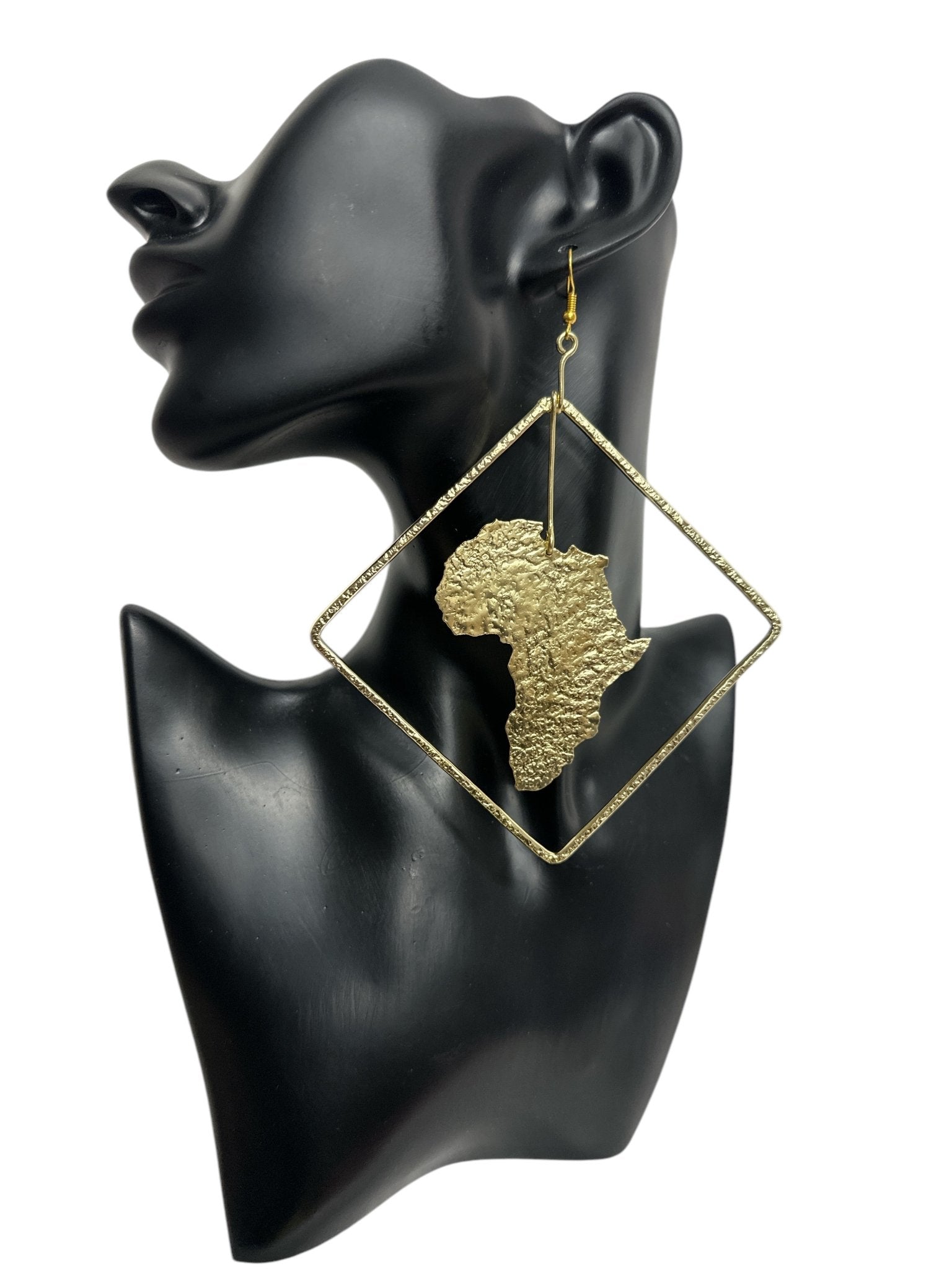 Africa Map Brass Earrings with Diamond Frame - Afrocentric Statement Jewellery - Fatisha Boutique