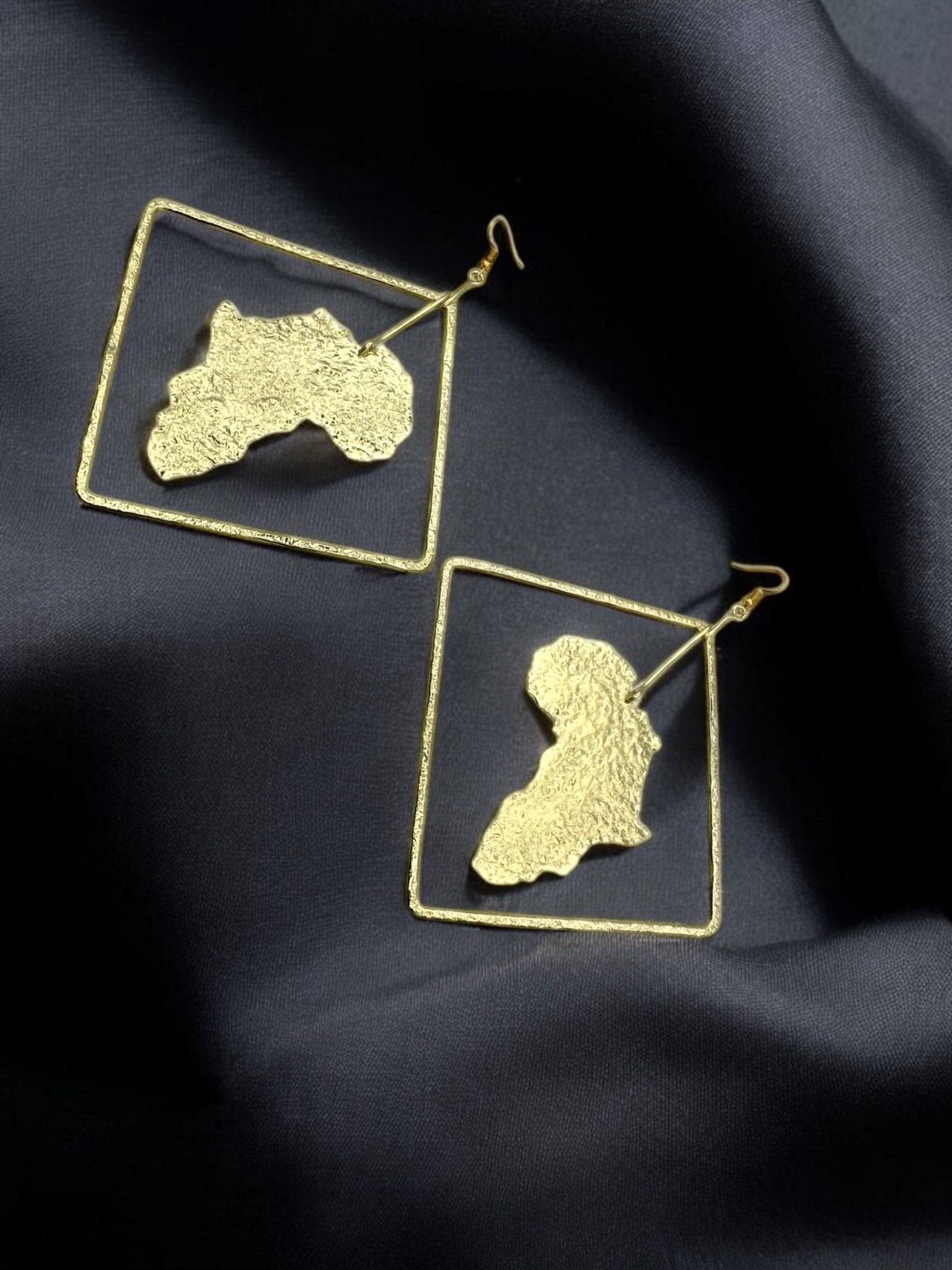 Africa Map Brass Earrings with Diamond Frame - Afrocentric Statement Jewellery - Fatisha Boutique