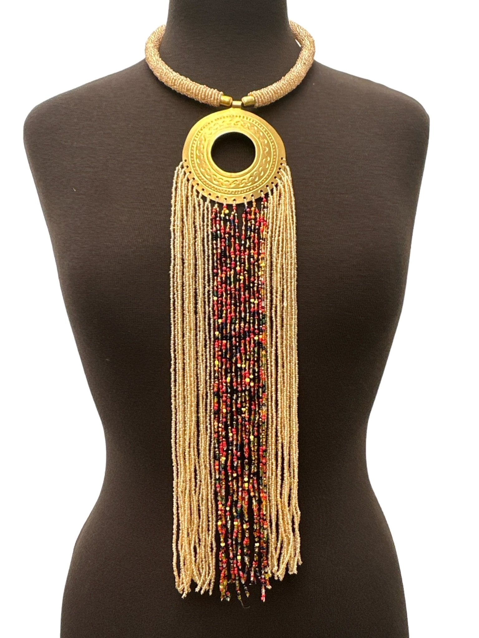African Authentic Engraved Brass Long Beige Beaded Fringe Pendant Necklace - Fatisha Boutique