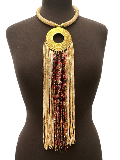 African Authentic Engraved Brass Long Beige Beaded Fringe Pendant Necklace - Fatisha Boutique