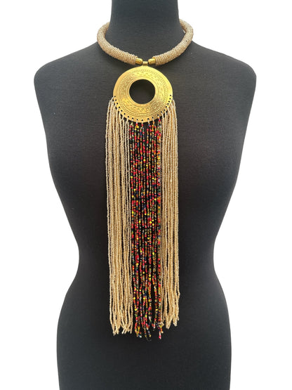 African Authentic Engraved Brass Long Beige Beaded Fringe Pendant Necklace - Fatisha Boutique