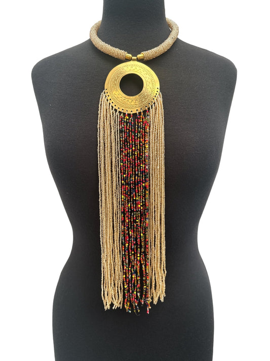 African Authentic Engraved Brass Long Beige Beaded Fringe Pendant Necklace - Fatisha Boutique
