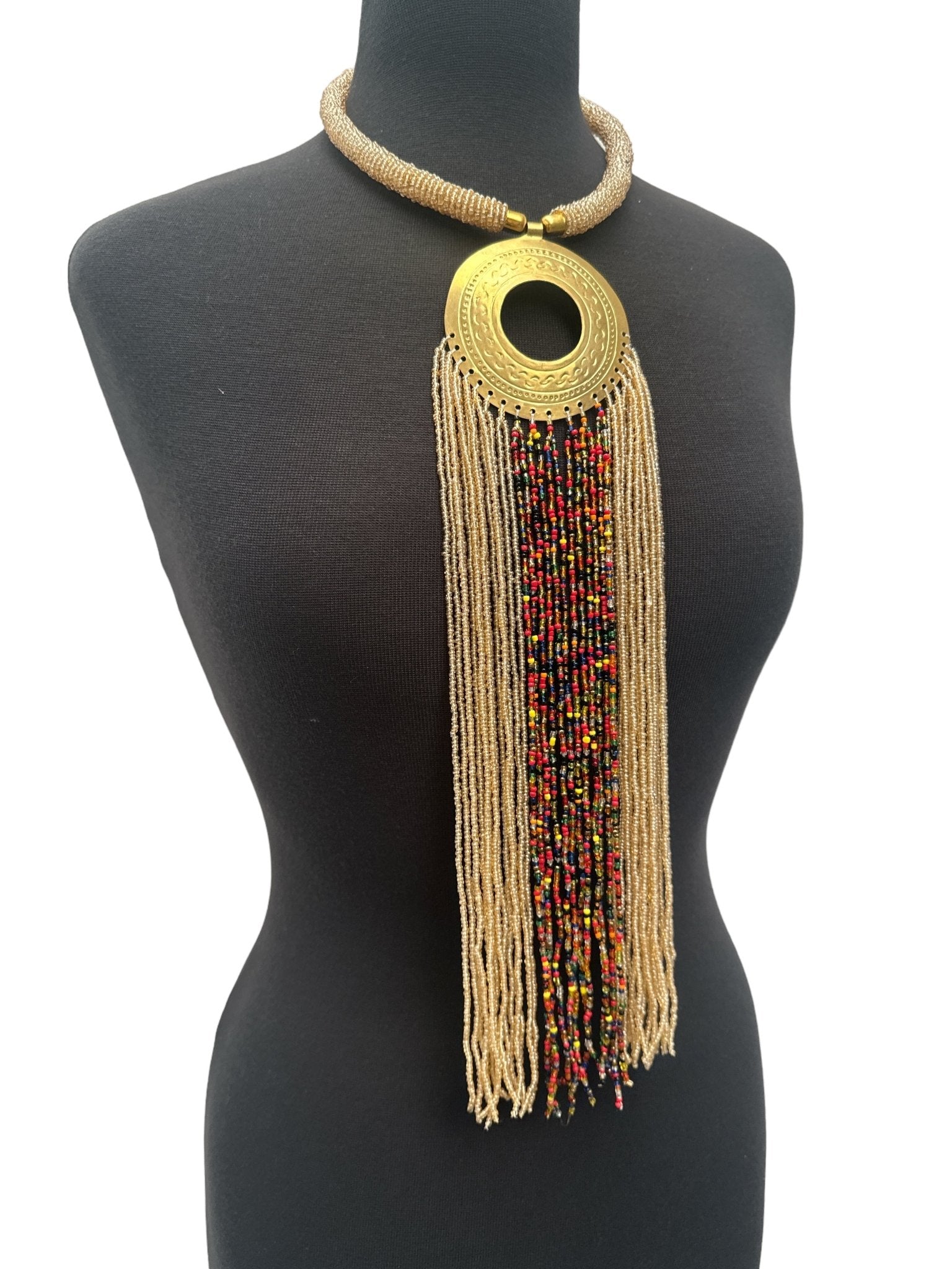 African Authentic Engraved Brass Long Beige Beaded Fringe Pendant Necklace - Fatisha Boutique