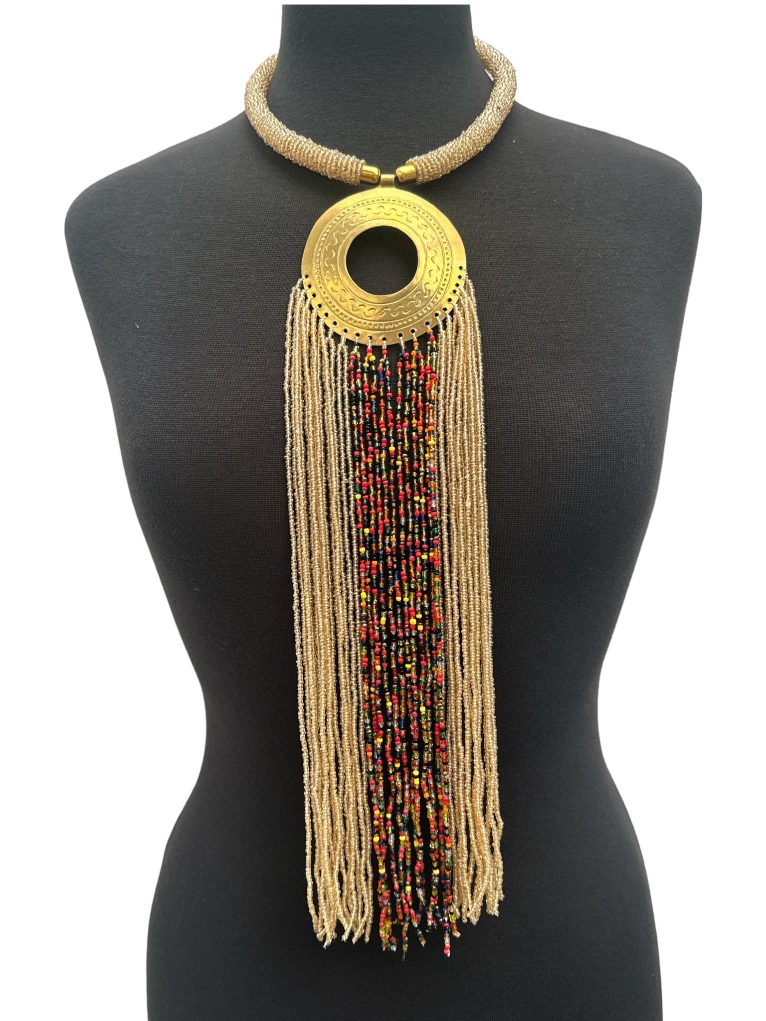 African Authentic Engraved Brass Long Beige Beaded Fringe Pendant Necklace - Fatisha Boutique