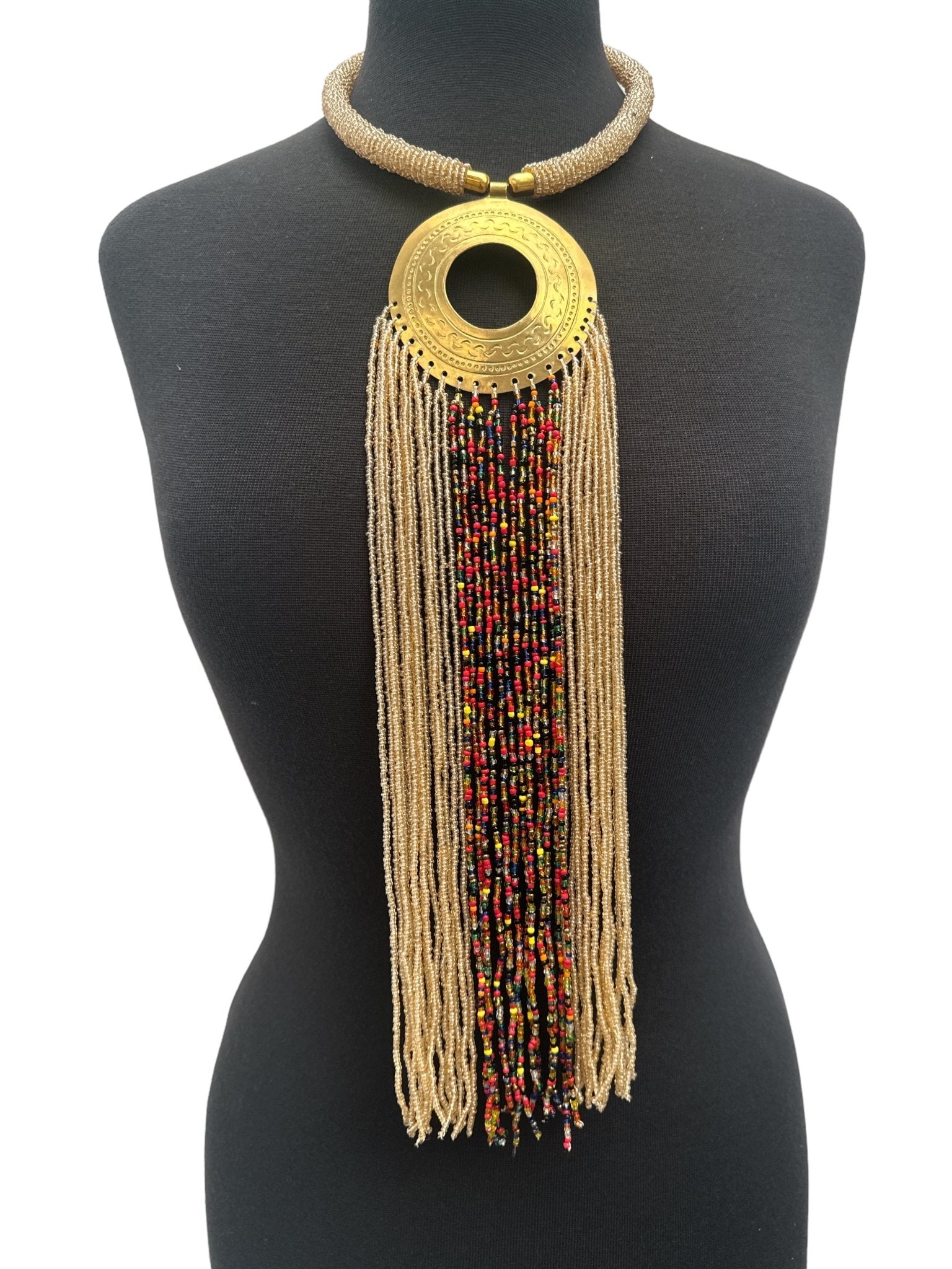 African Authentic Engraved Brass Long Beige Beaded Fringe Pendant Necklace - Fatisha Boutique
