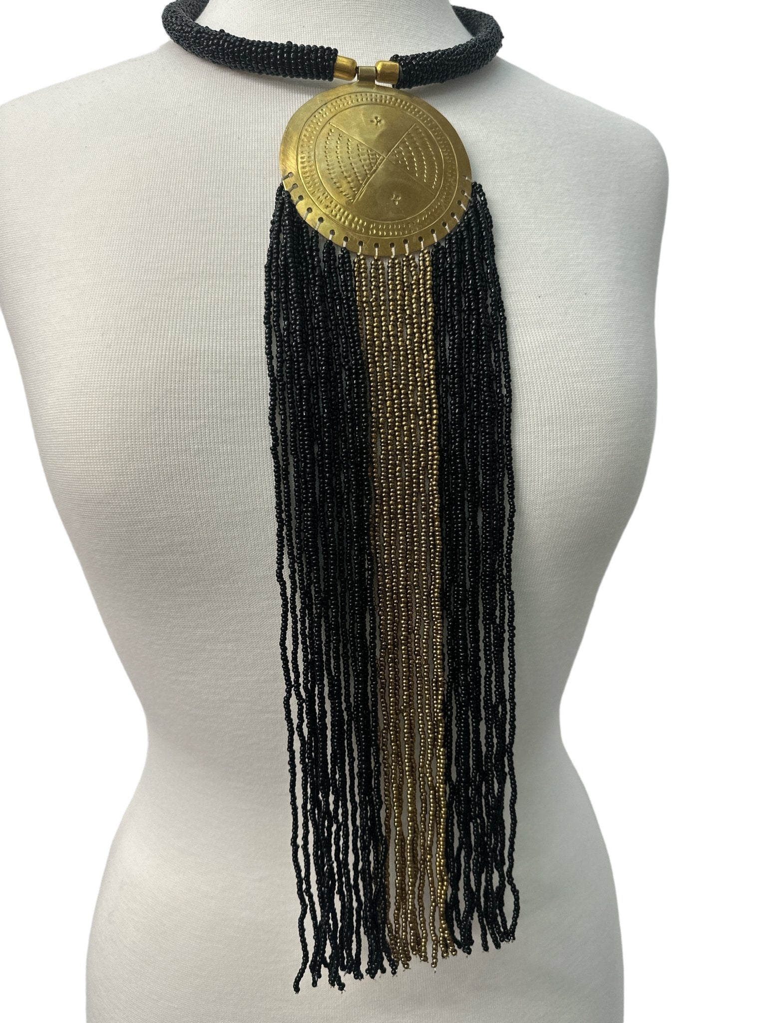 African Authentic Engraved Brass Long Black Beaded Fringe Pendant Necklace - Fatisha Boutique