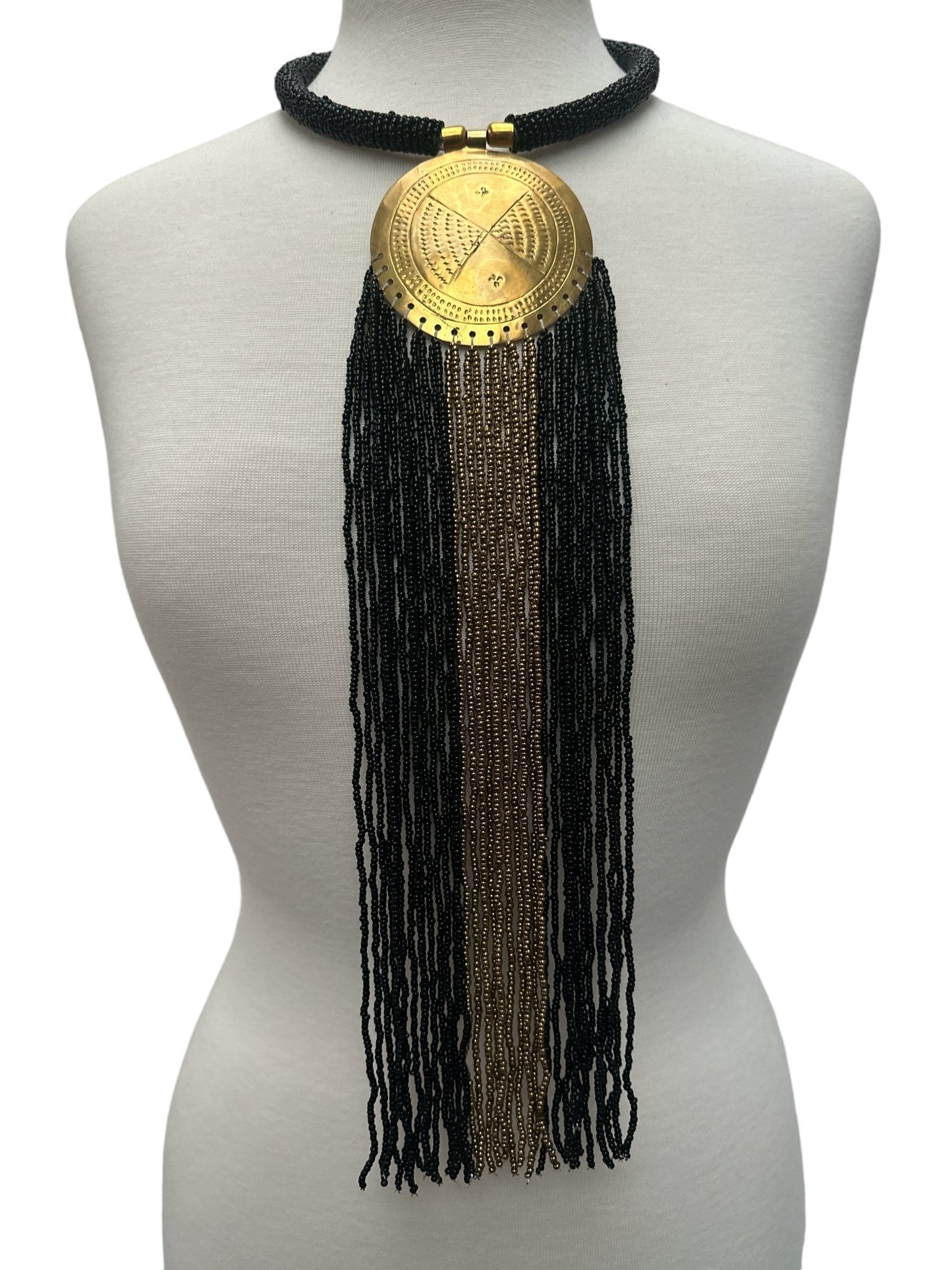 African Authentic Engraved Brass Long Black Beaded Fringe Pendant Necklace - Fatisha Boutique