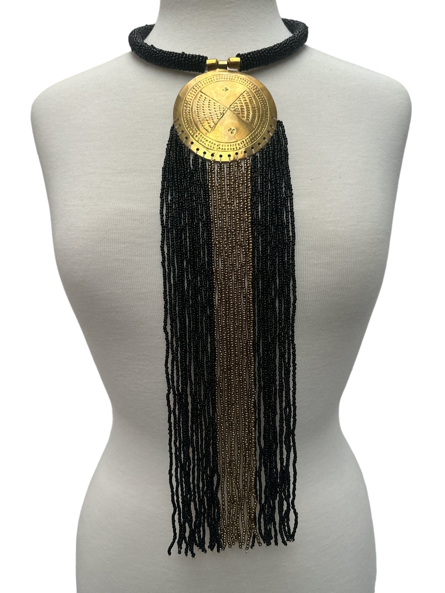 African Authentic Engraved Brass Long Black Beaded Fringe Pendant Necklace - Fatisha Boutique