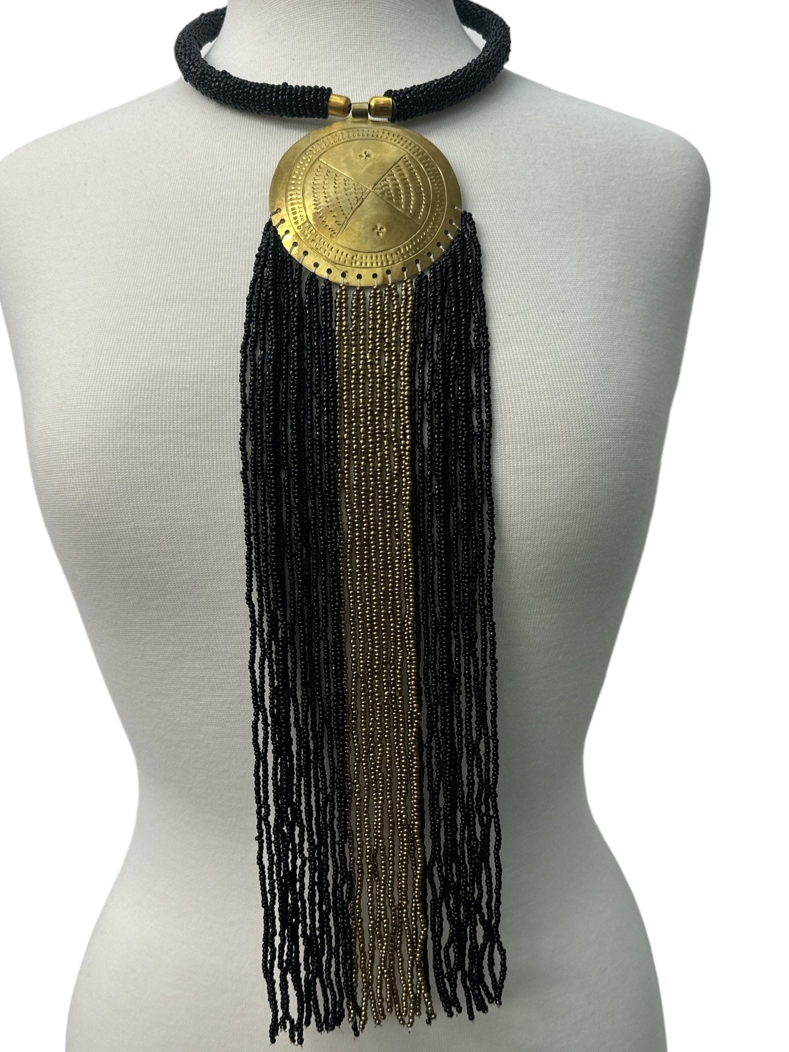 African Authentic Engraved Brass Long Black Beaded Fringe Pendant Necklace - Fatisha Boutique