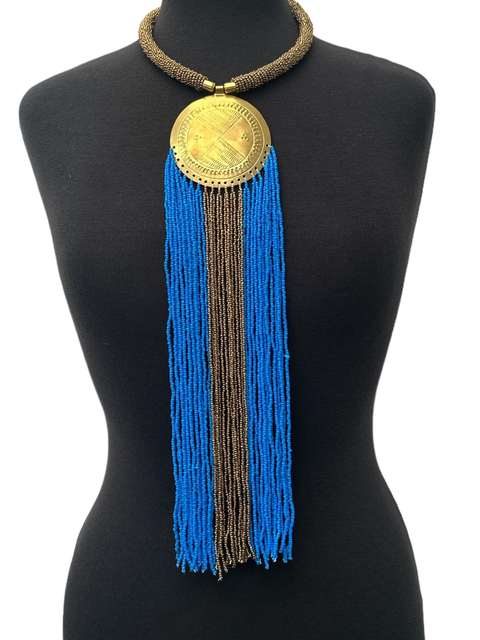 African Authentic Engraved Brass Long Blue Beaded Fringe Pendant Necklace - Fatisha Boutique