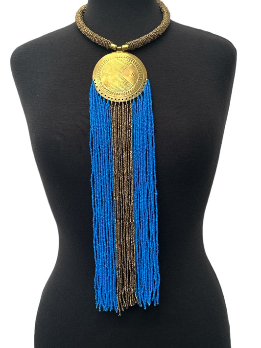 African Authentic Engraved Brass Long Blue Beaded Fringe Pendant Necklace - Fatisha Boutique