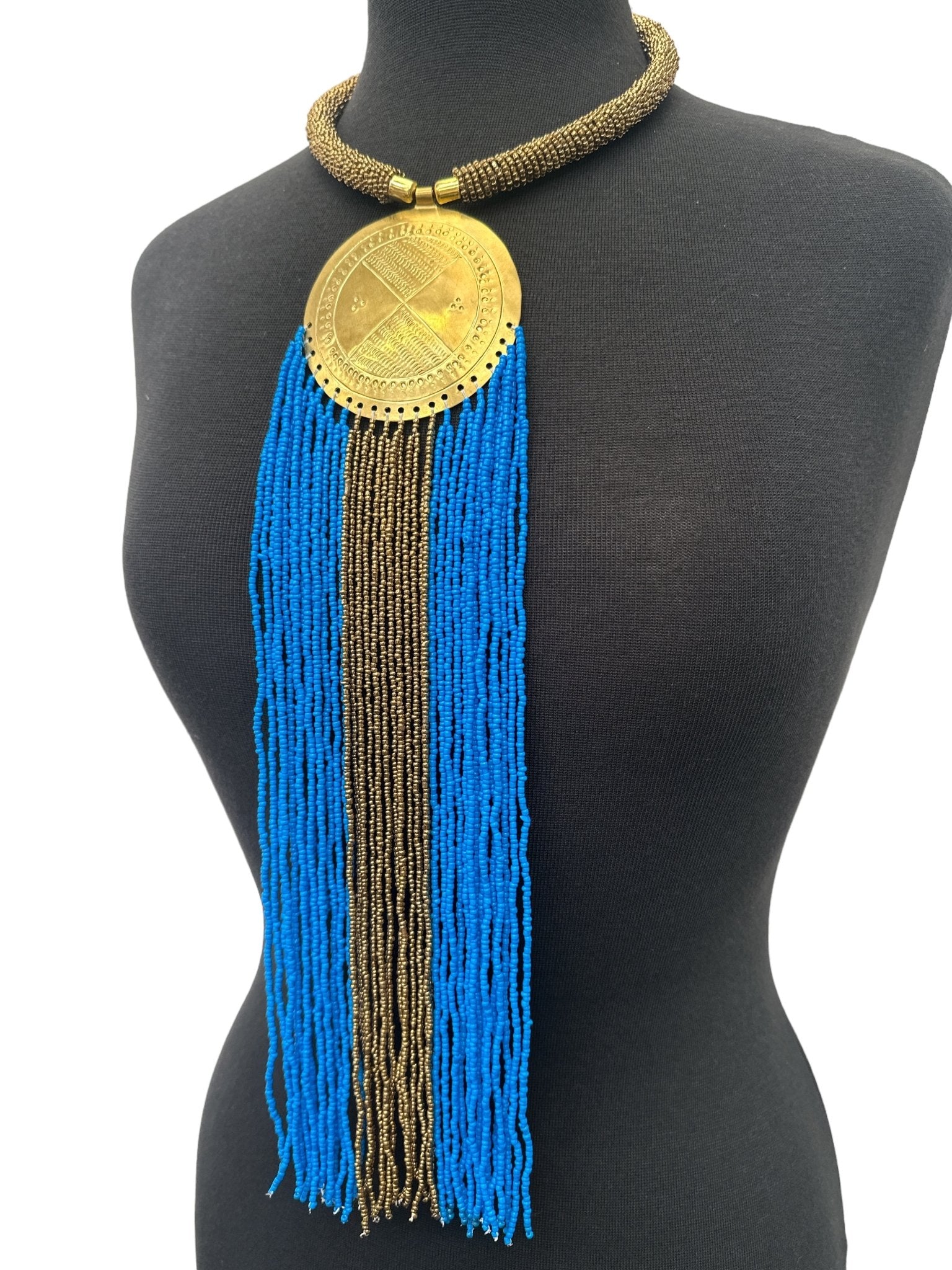 African Authentic Engraved Brass Long Blue Beaded Fringe Pendant Necklace - Fatisha Boutique