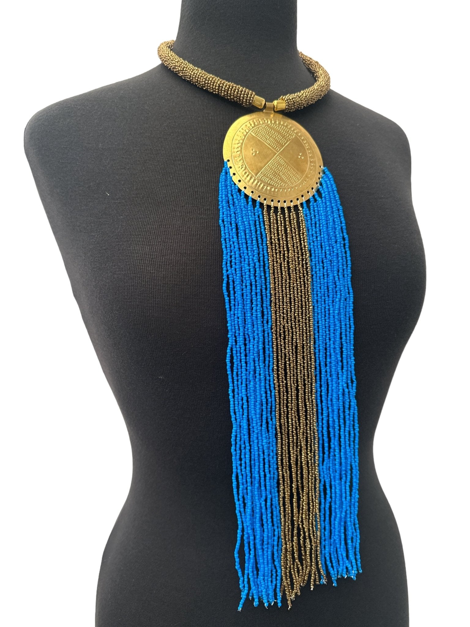 African Authentic Engraved Brass Long Blue Beaded Fringe Pendant Necklace - Fatisha Boutique