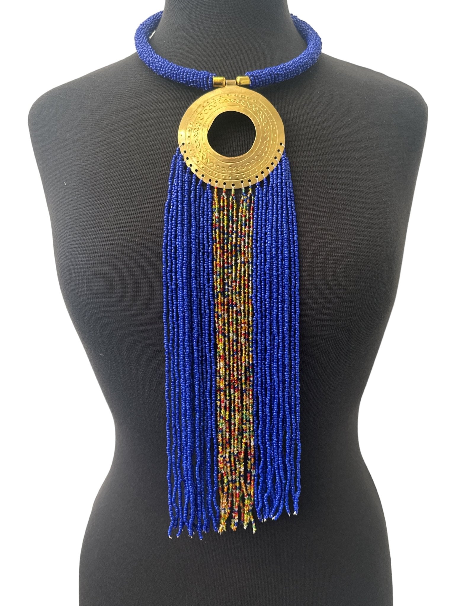 African Authentic Engraved Brass Long Blue Beaded Fringe Pendant Necklace - Fatisha Boutique