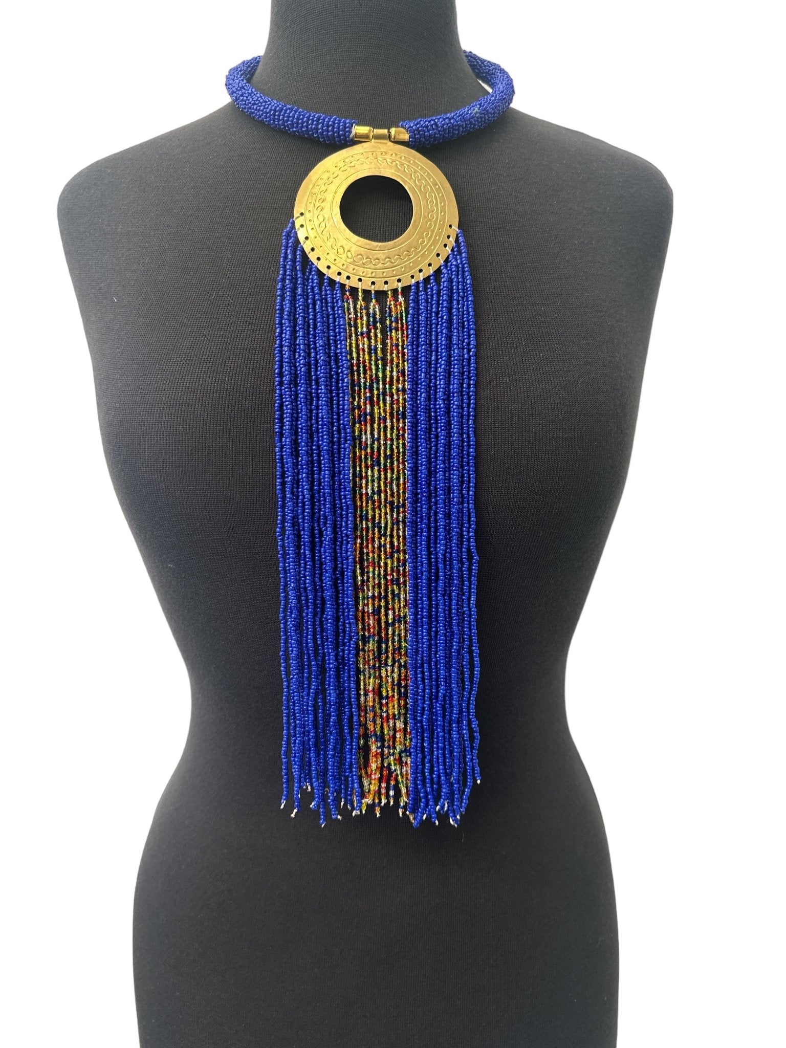 African Authentic Engraved Brass Long Blue Beaded Fringe Pendant Necklace - Fatisha Boutique