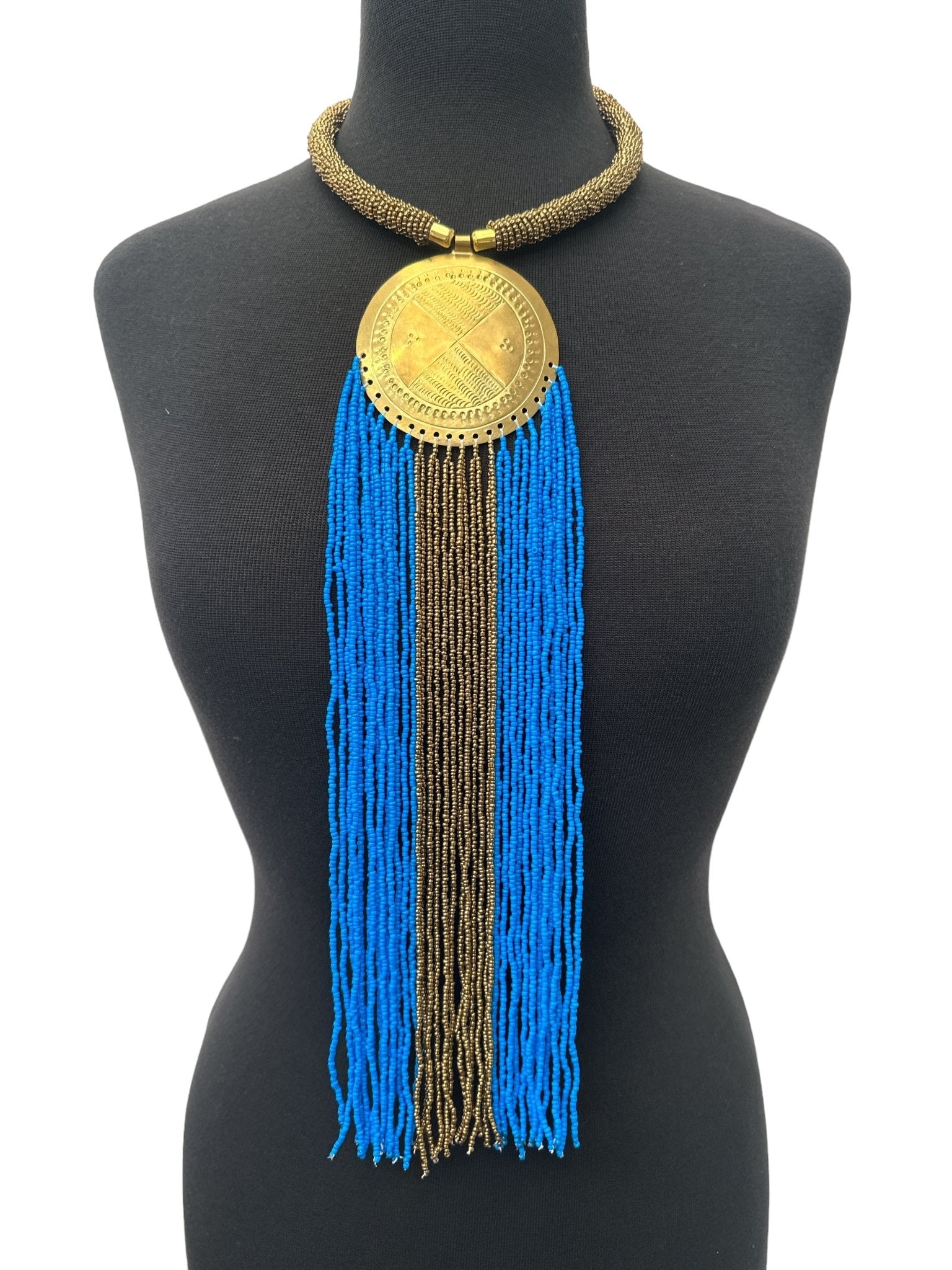 African Authentic Engraved Brass Long Blue Beaded Fringe Pendant Necklace - Fatisha Boutique