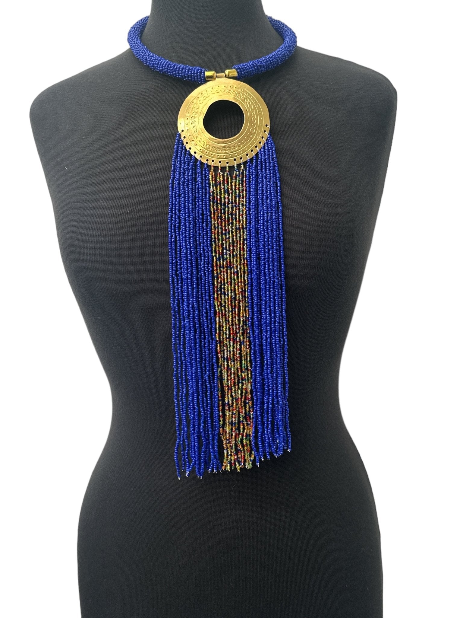 African Authentic Engraved Brass Long Blue Beaded Fringe Pendant Necklace - Fatisha Boutique