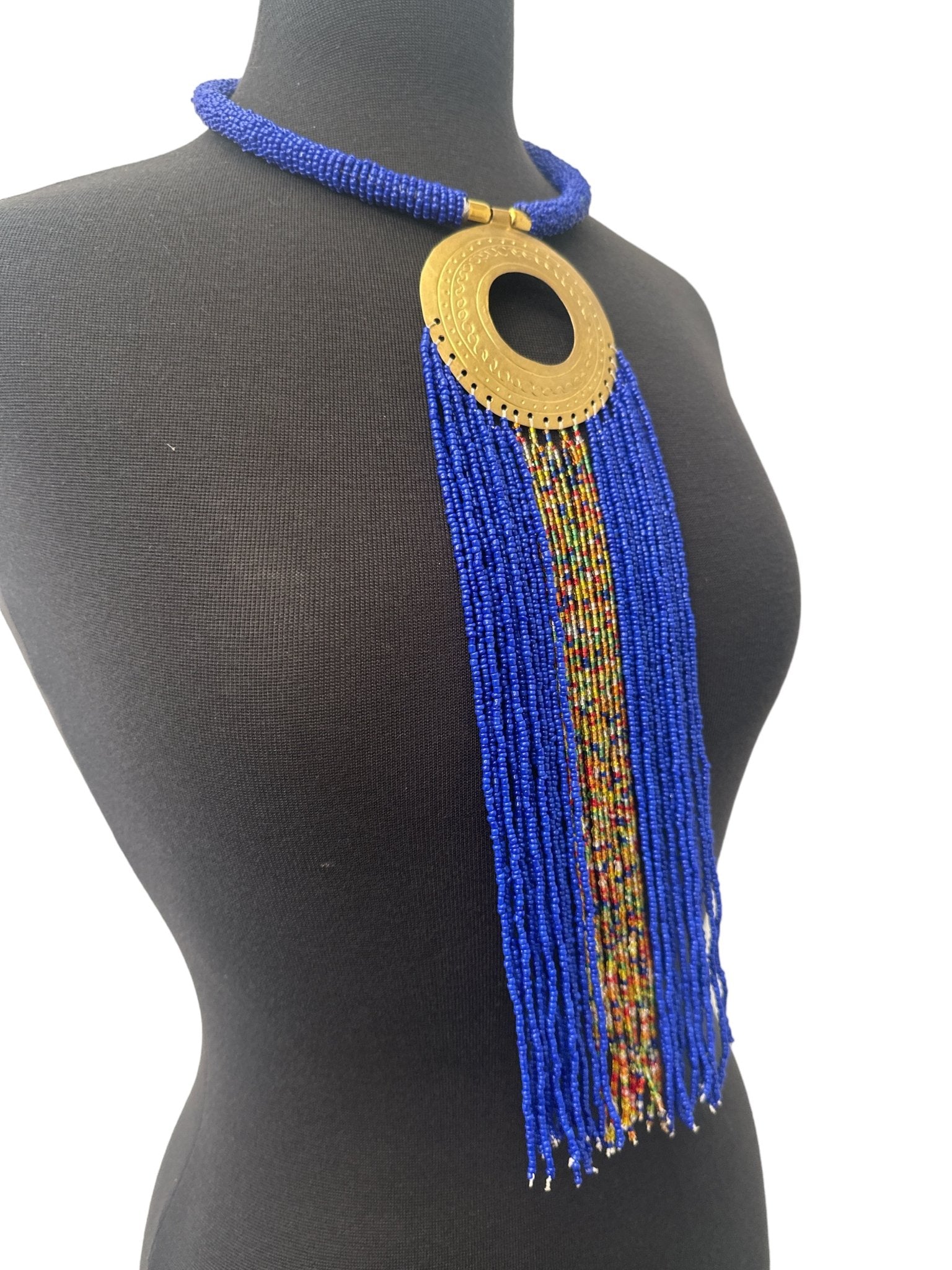 African Authentic Engraved Brass Long Blue Beaded Fringe Pendant Necklace - Fatisha Boutique