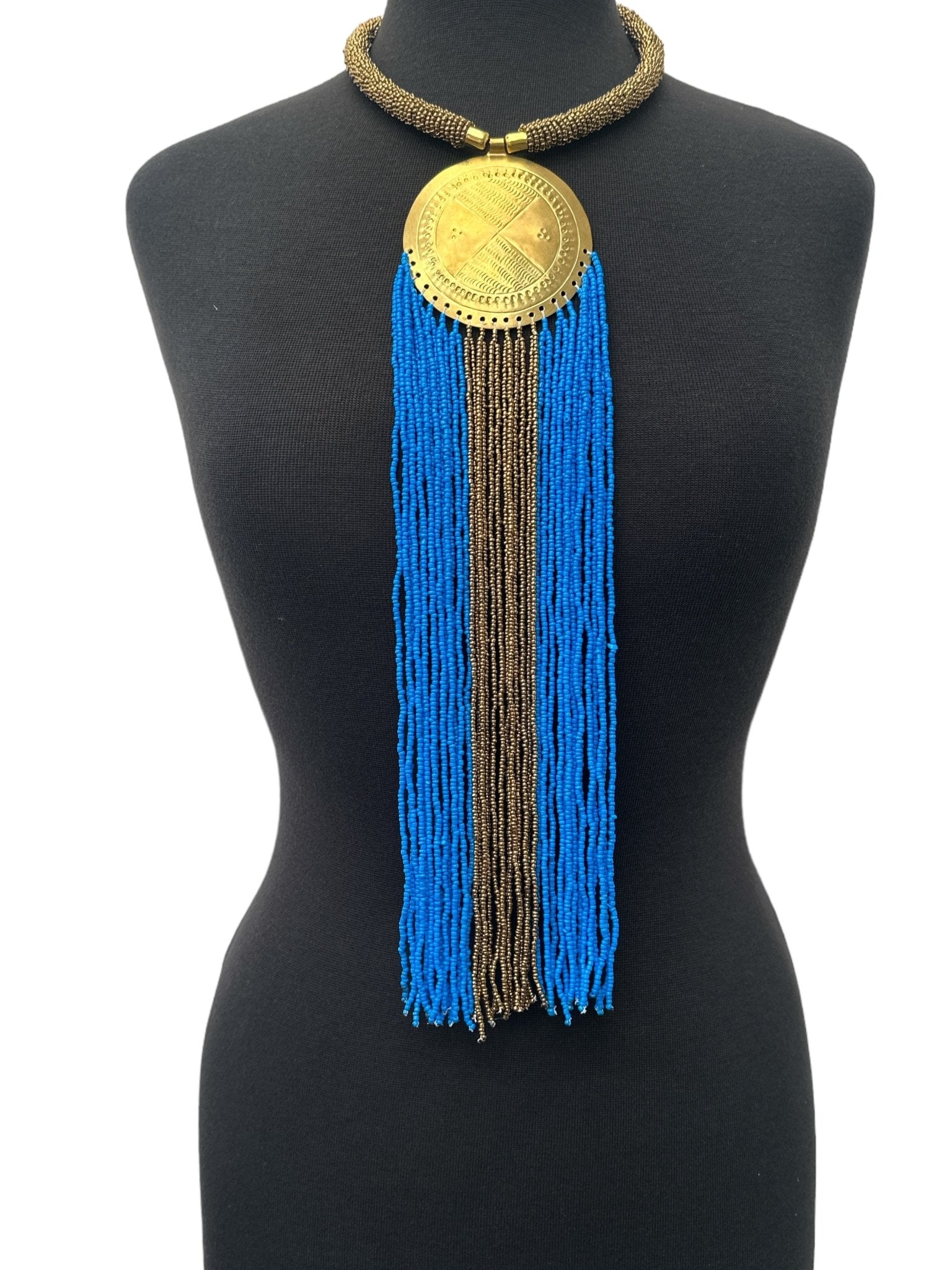 African Authentic Engraved Brass Long Blue Beaded Fringe Pendant Necklace - Fatisha Boutique