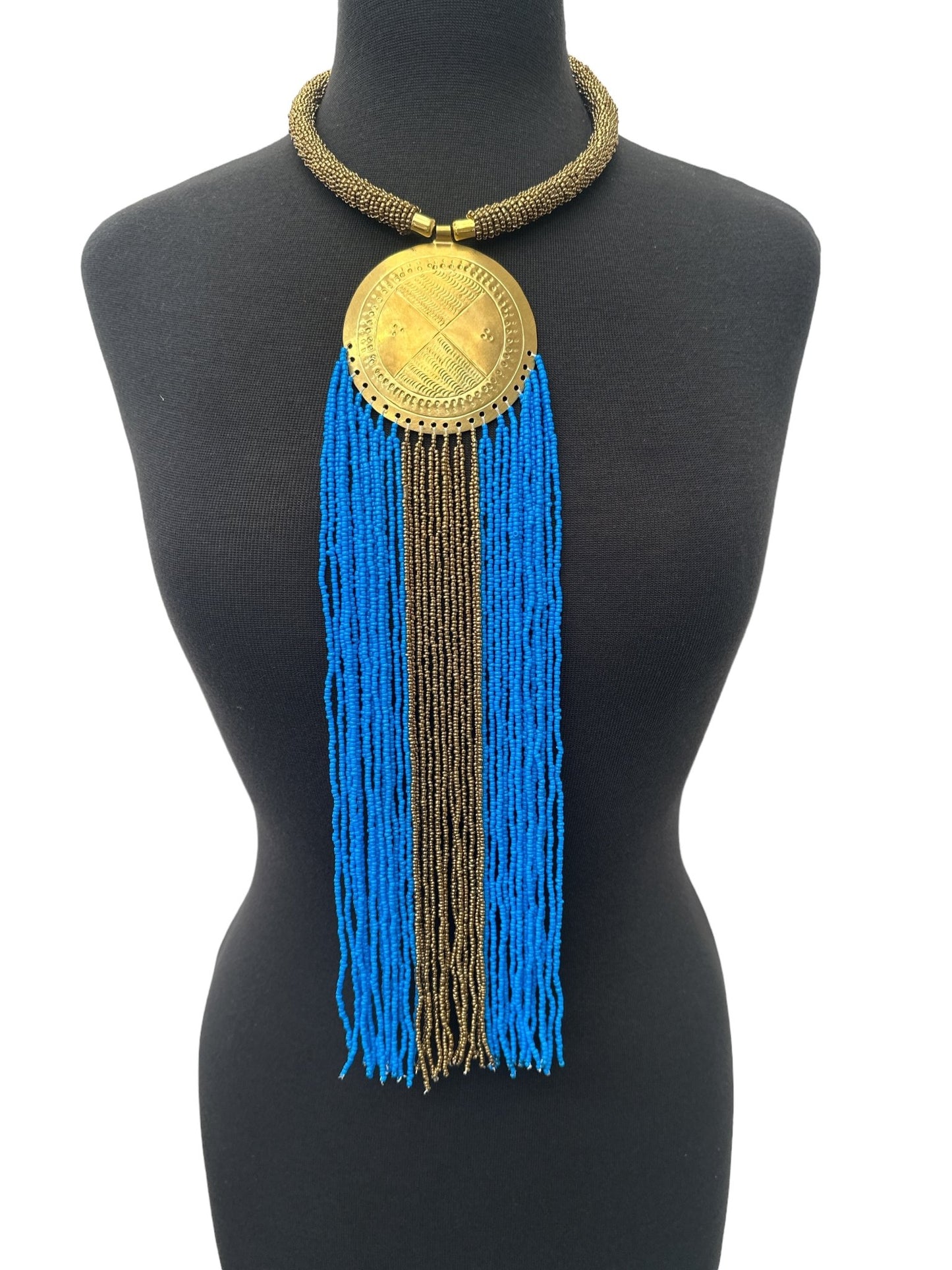 African Authentic Engraved Brass Long Blue Beaded Fringe Pendant Necklace - Fatisha Boutique