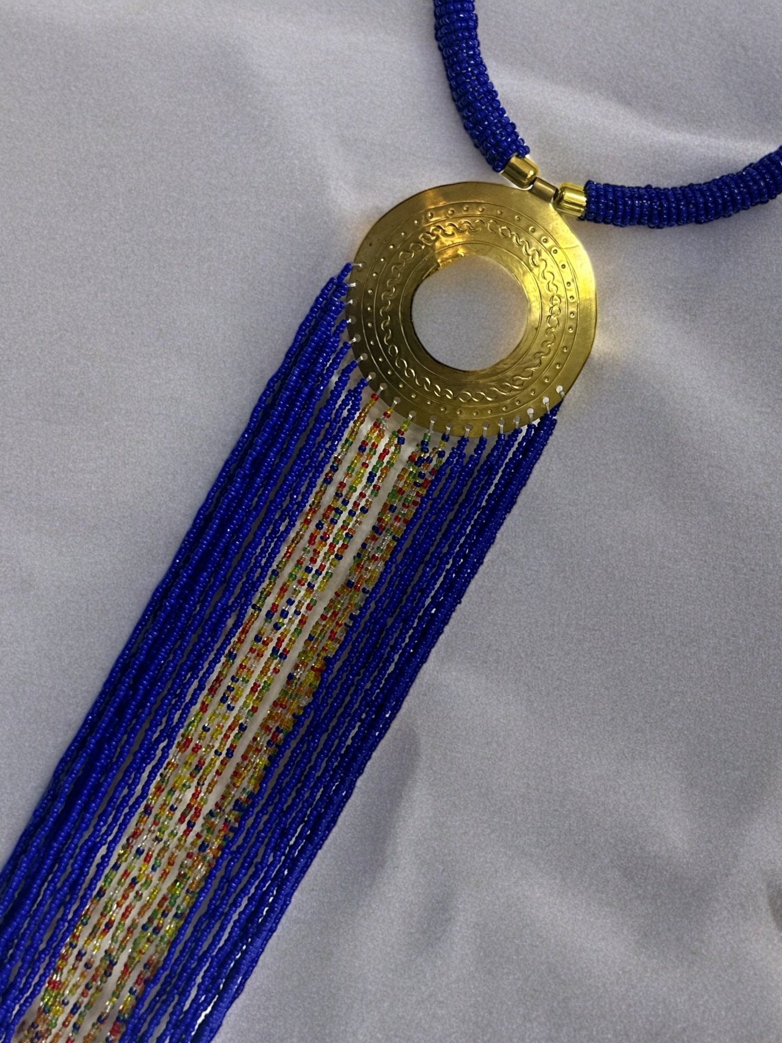 African Authentic Engraved Brass Long Blue Beaded Fringe Pendant Necklace - Fatisha Boutique