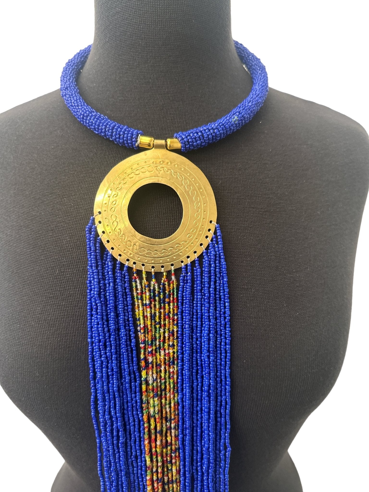 African Authentic Engraved Brass Long Blue Beaded Fringe Pendant Necklace - Fatisha Boutique