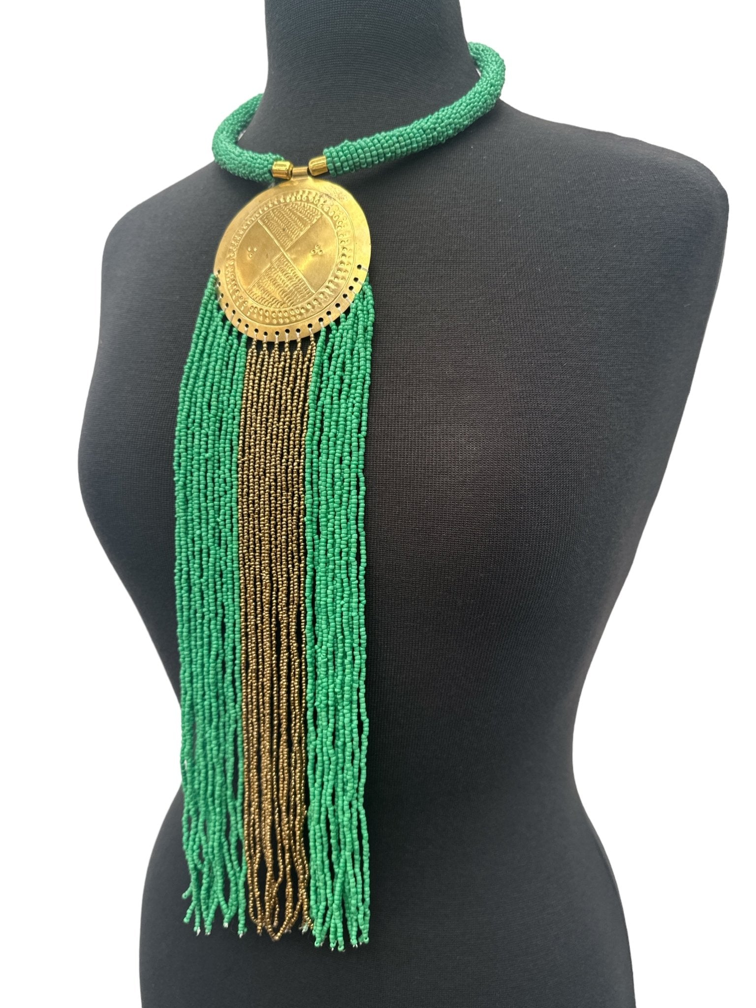 African Authentic Engraved Brass Long Green Beaded Fringe Pendant Necklace - Fatisha Boutique
