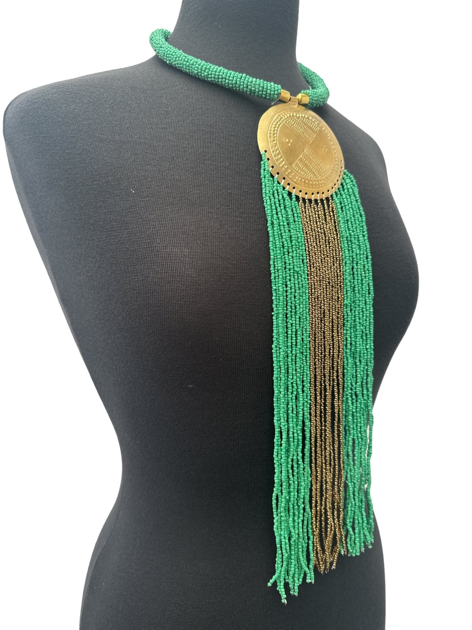 African Authentic Engraved Brass Long Green Beaded Fringe Pendant Necklace - Fatisha Boutique