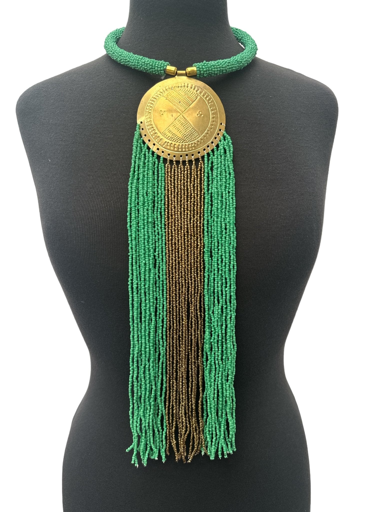 African Authentic Engraved Brass Long Green Beaded Fringe Pendant Necklace - Fatisha Boutique