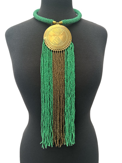 African Authentic Engraved Brass Long Green Beaded Fringe Pendant Necklace - Fatisha Boutique