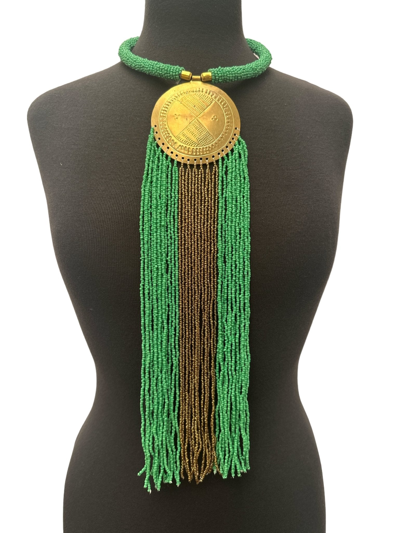 African Authentic Engraved Brass Long Green Beaded Fringe Pendant Necklace - Fatisha Boutique