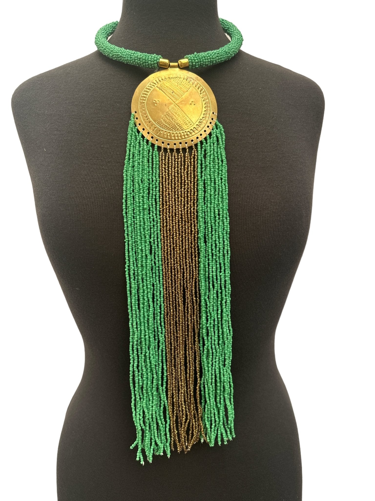 African Authentic Engraved Brass Long Green Beaded Fringe Pendant Necklace - Fatisha Boutique
