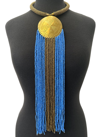 African Authentic Engraved Brass Long Lilac Beaded Fringe Pendant Necklace - Fatisha Boutique