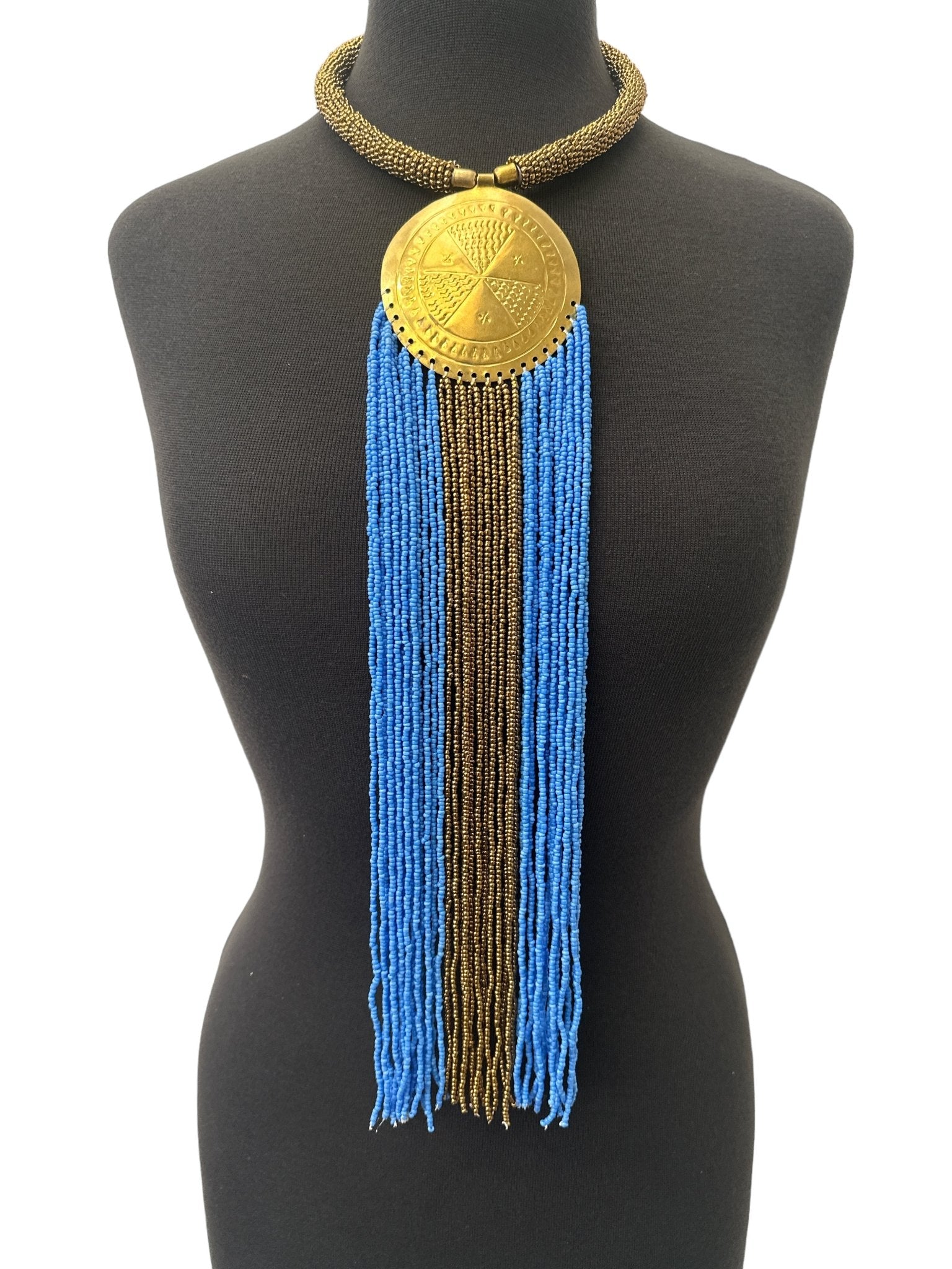 African Authentic Engraved Brass Long Lilac Beaded Fringe Pendant Necklace - Fatisha Boutique