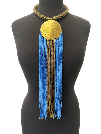African Authentic Engraved Brass Long Lilac Beaded Fringe Pendant Necklace - Fatisha Boutique
