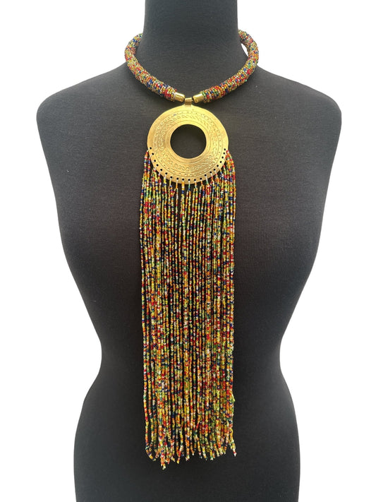 African Authentic Engraved Brass Long Multicolours Beaded Fringe Pendant Necklace - Fatisha Boutique