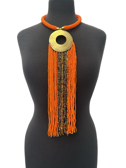 African Authentic Engraved Brass Long Orange Beaded Fringe Pendant Necklace - Fatisha Boutique
